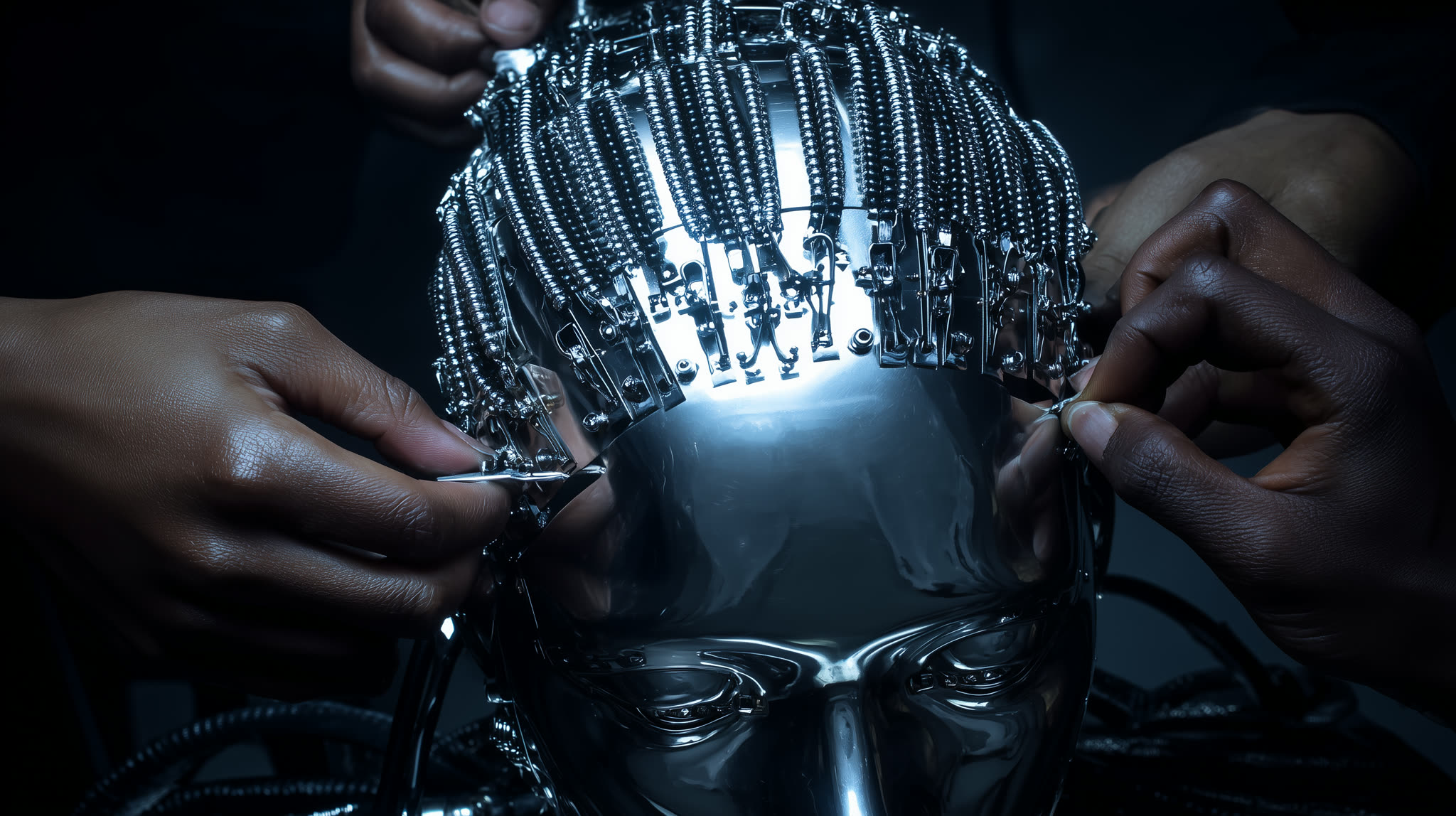 An android head on the line — children are constructed here