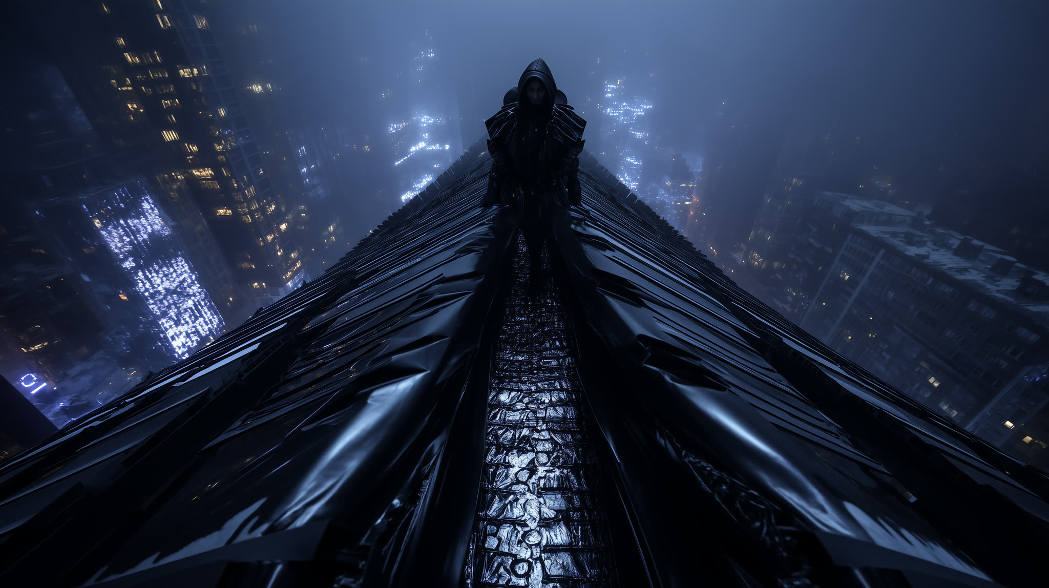 A hooded figure crowns a black monolith above the surveillance city.