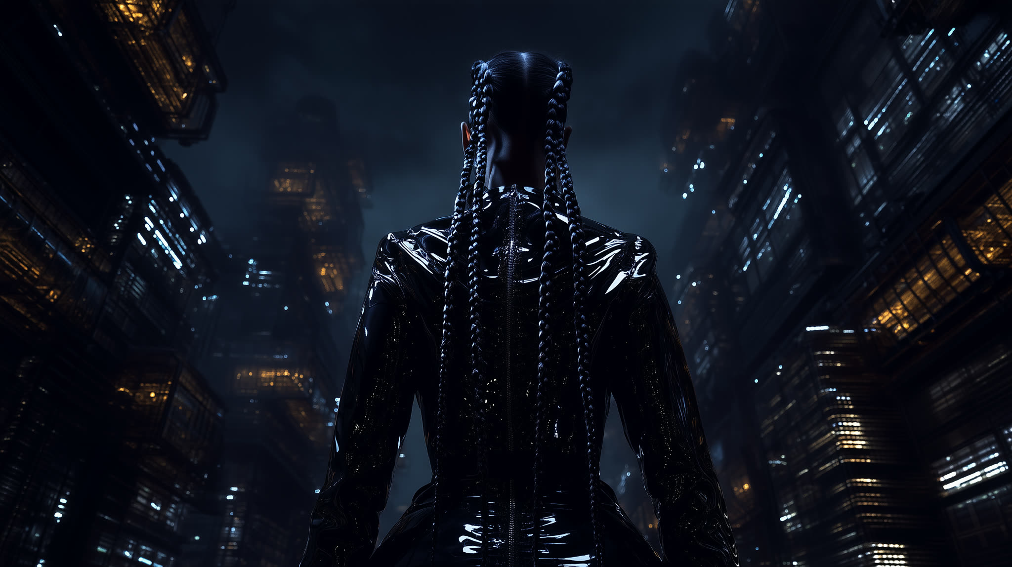 Sia Nova faces the endless towers, our guide into the dystopia.