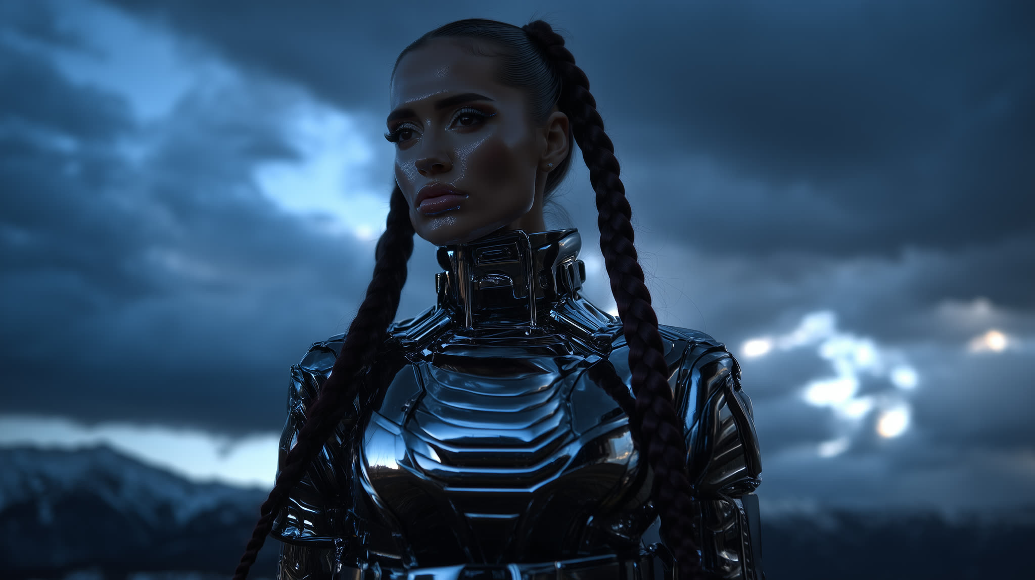 Braided and armored in mirror steel, Sia Nova against a bruised sky.