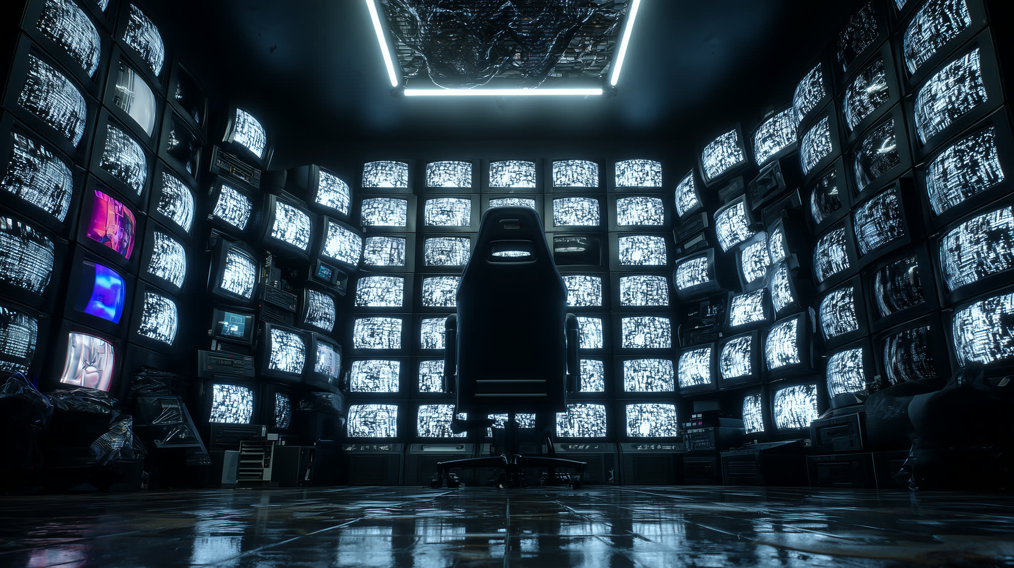 An empty throne before a wall of static screens: total surveillance.