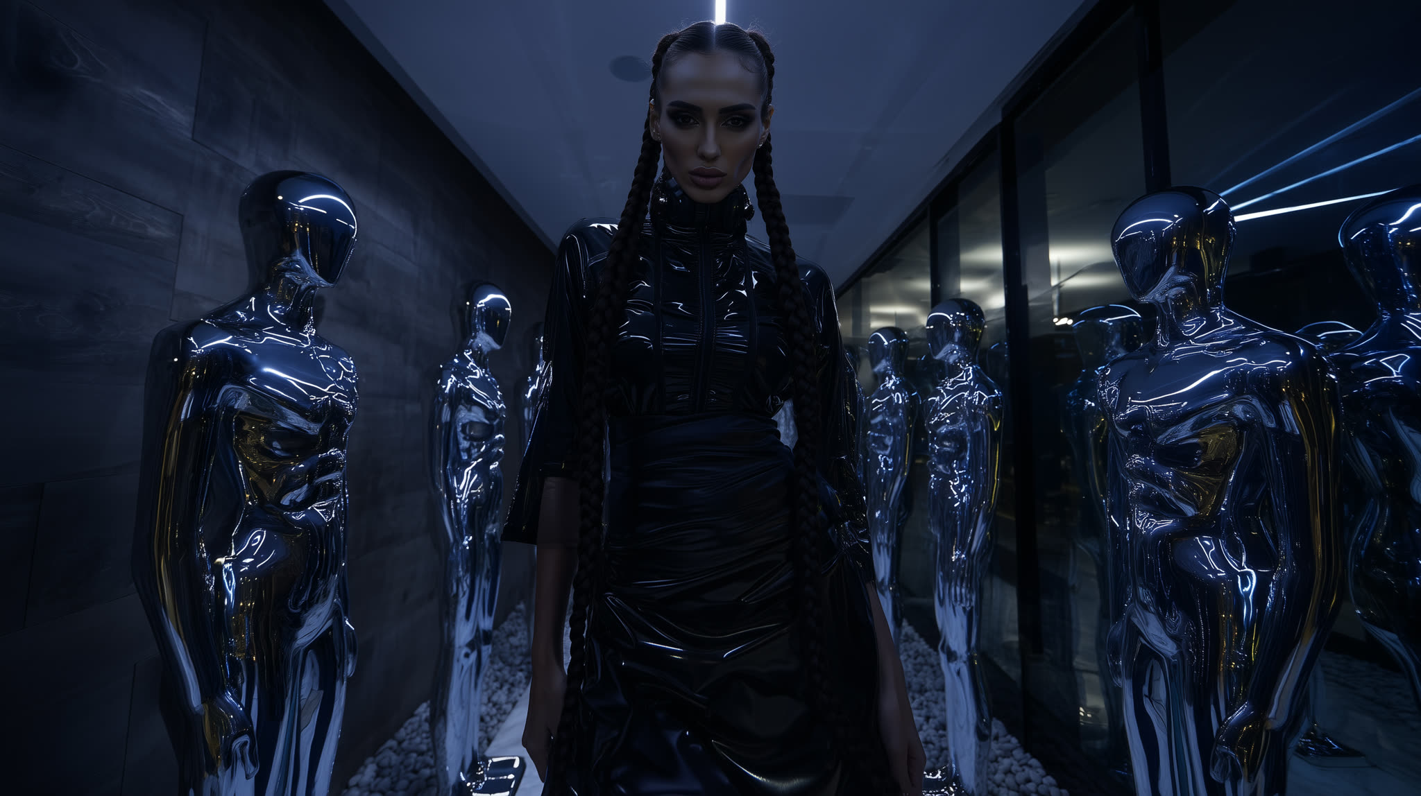 Sia Nova walks a corridor of chrome mannequins, humans made object.