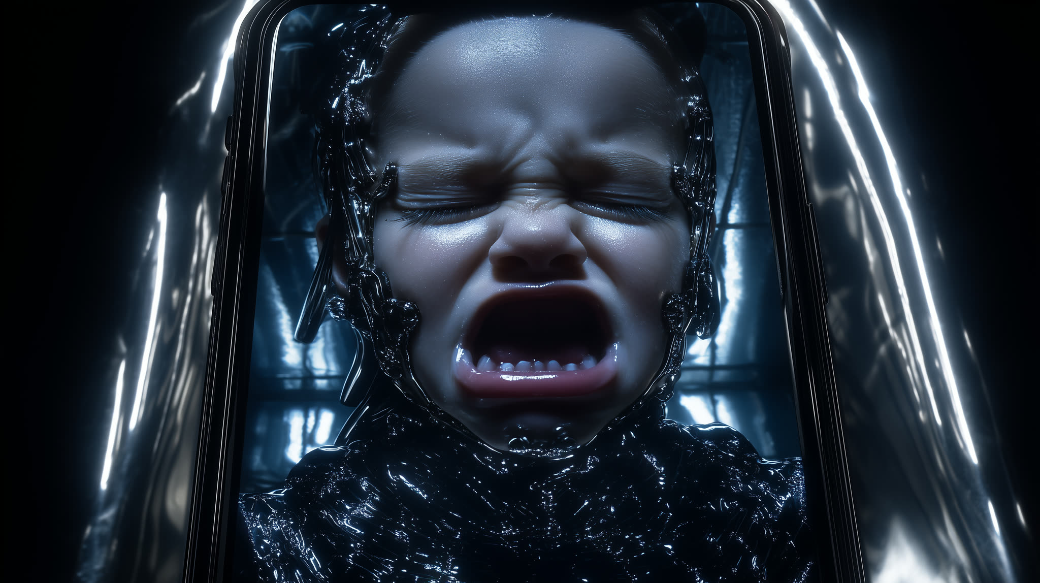 A constructed child wails inside its birth pod: manufactured, not born.