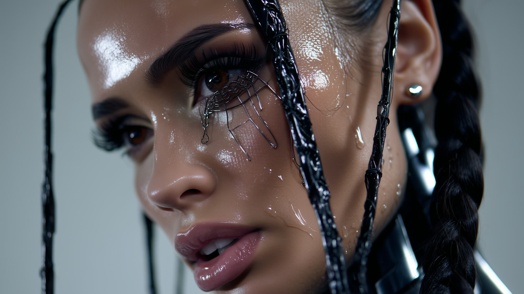 Black tar weeps down her face as she crawls to the light.