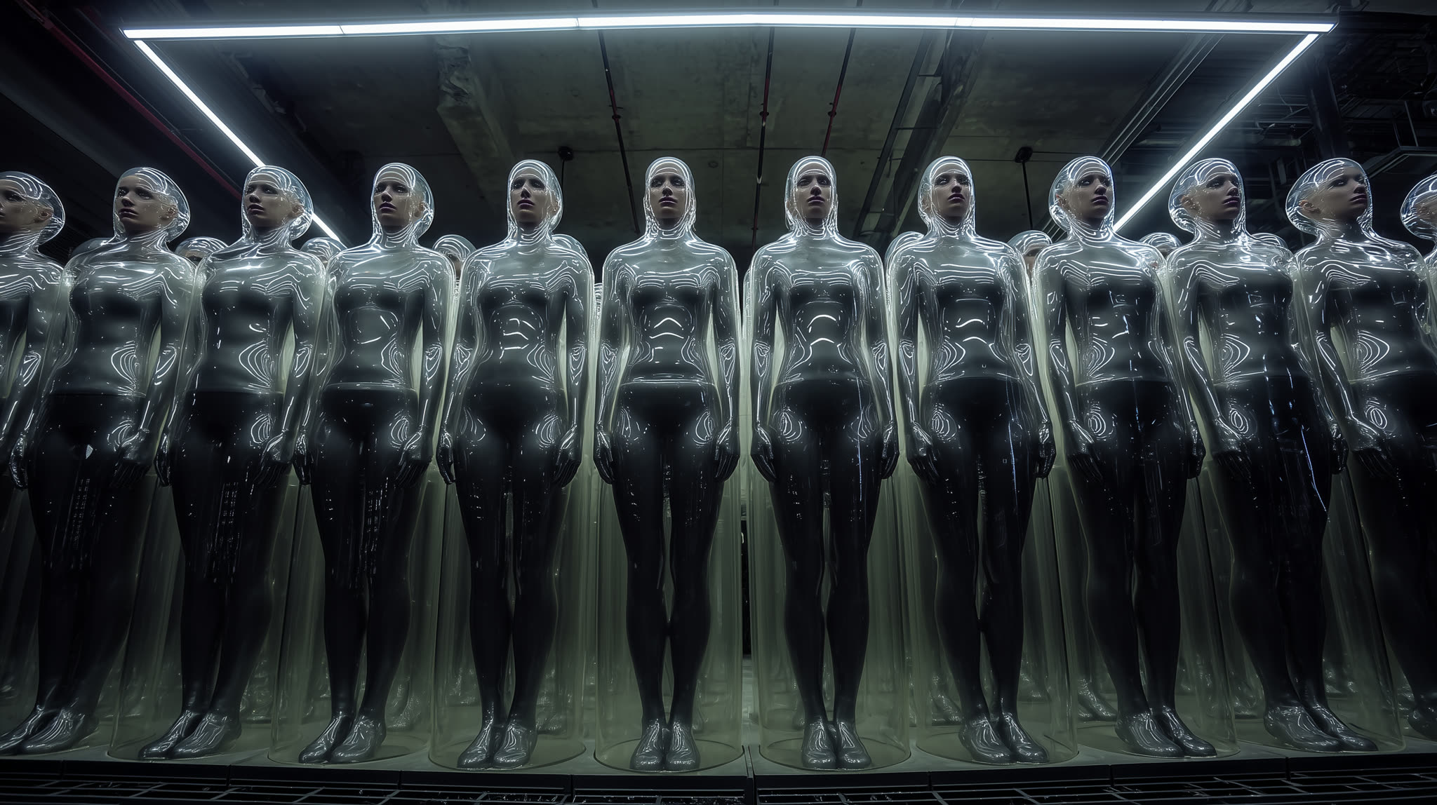 Rows of translucent pods — people as inventory