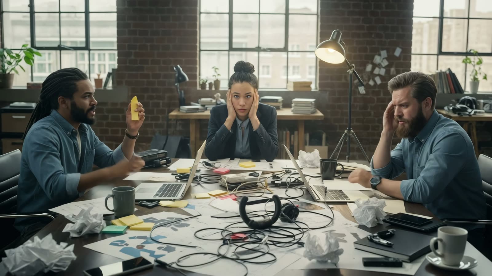 The team in chaos — papers, cables, deadlines