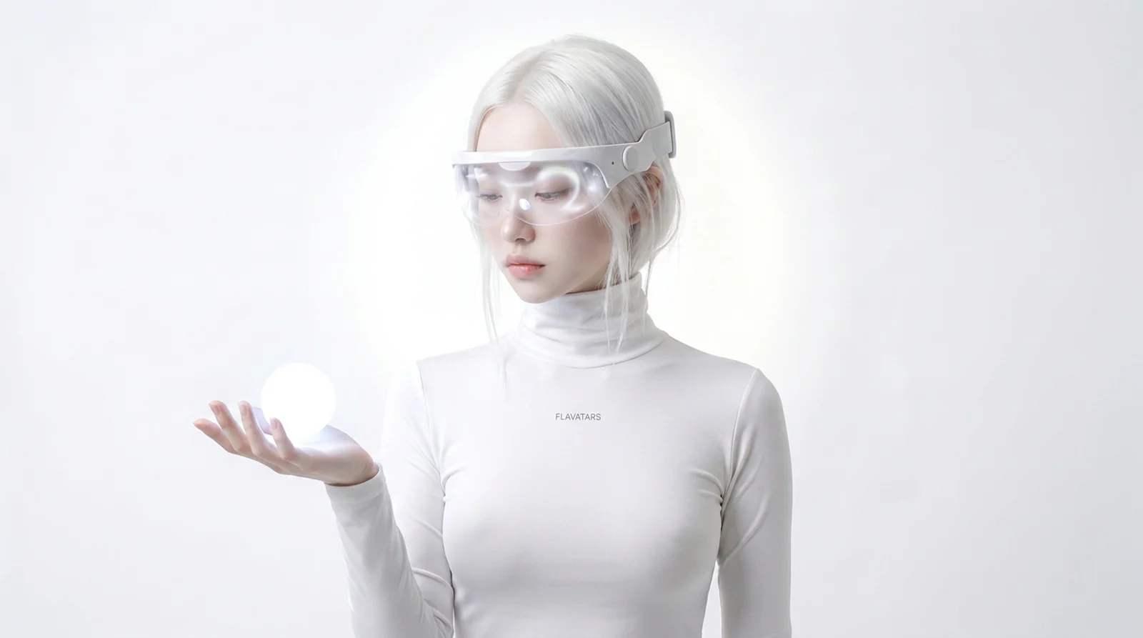 The Flavatars mascot holding a single glowing white sphere in her palm — what an AI tool gives you: one output