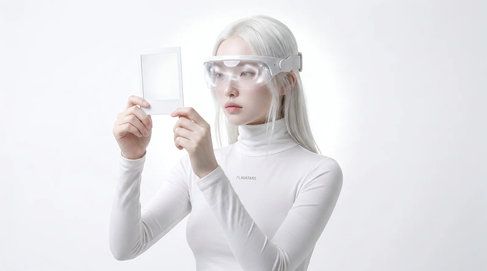 The Flavatars mascot inspecting a single white film frame — the human quality-control loop