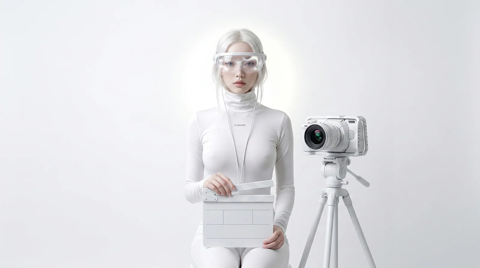 The Flavatars mascot with an all-white cinema camera and clapperboard — cinematic AI video in real work
