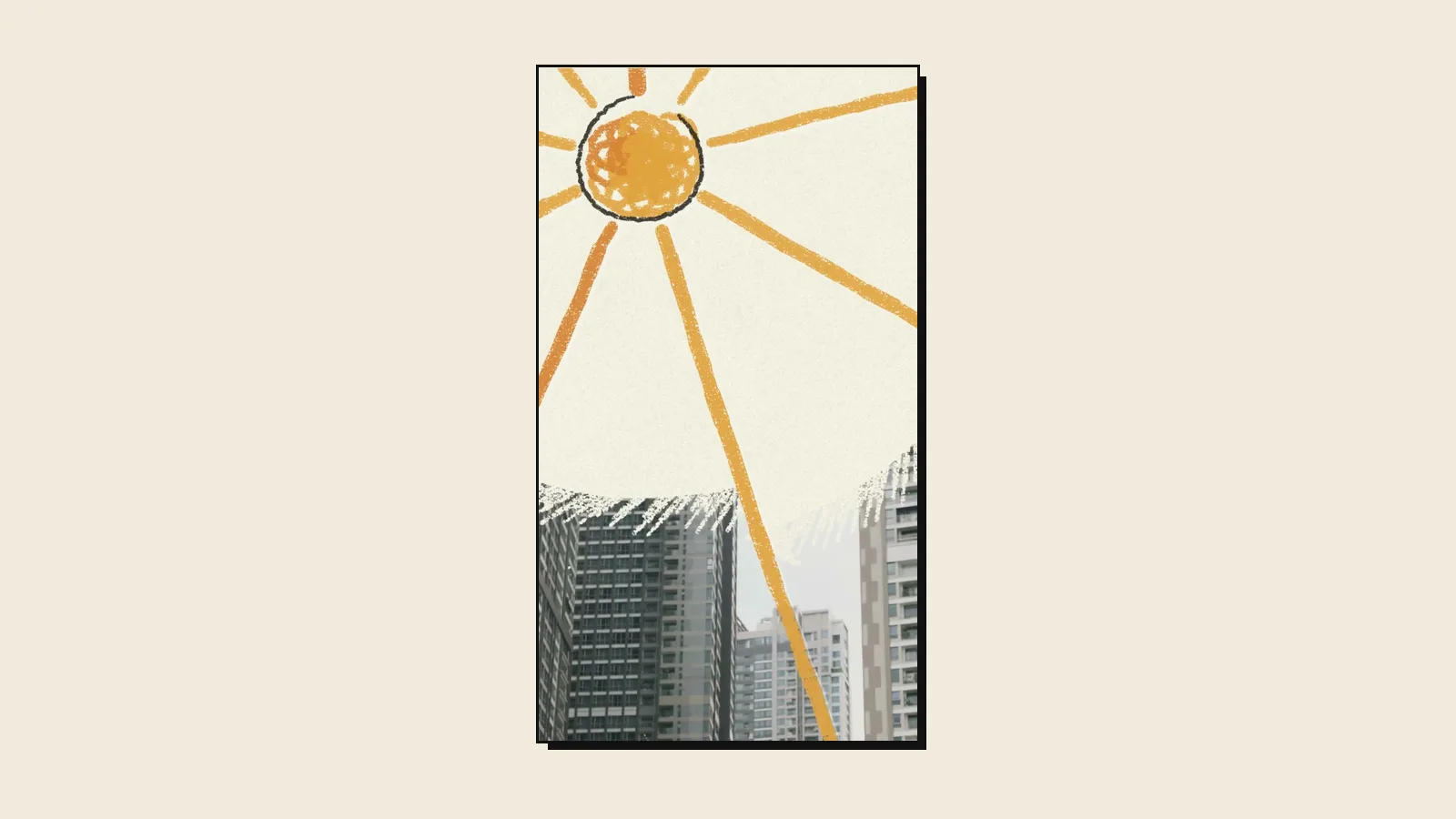 A crayon sun drawn over real high-rise towers, a collage loop from the Flavatars Motion Lab reel