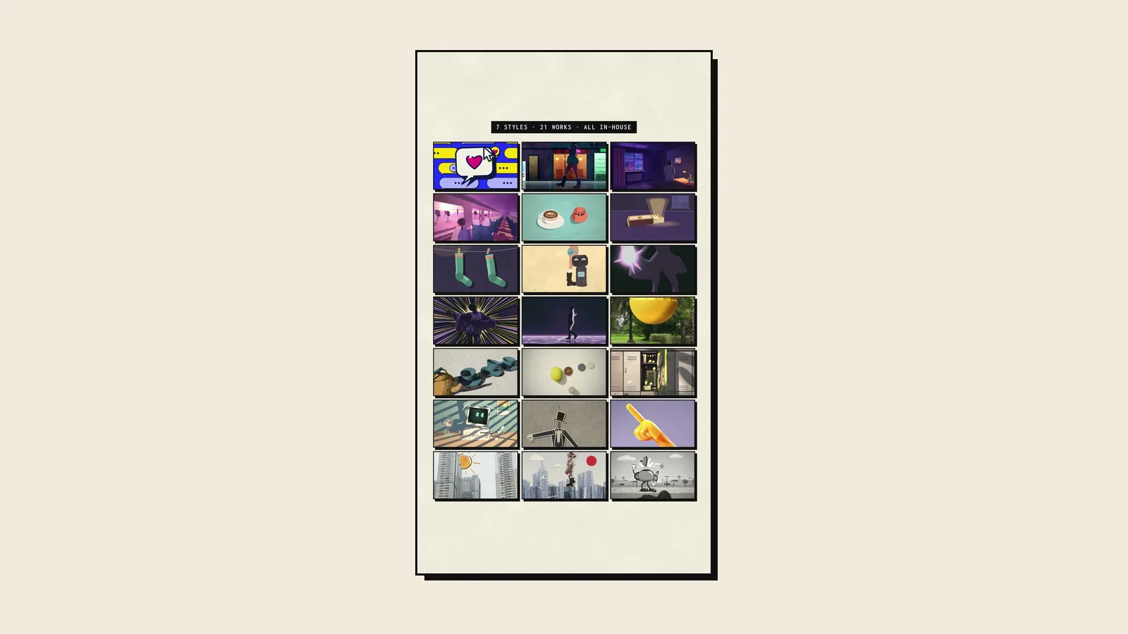 The wall of all 21 works from the Motion Lab reel, tiles in seven animation styles arranged on a printed page