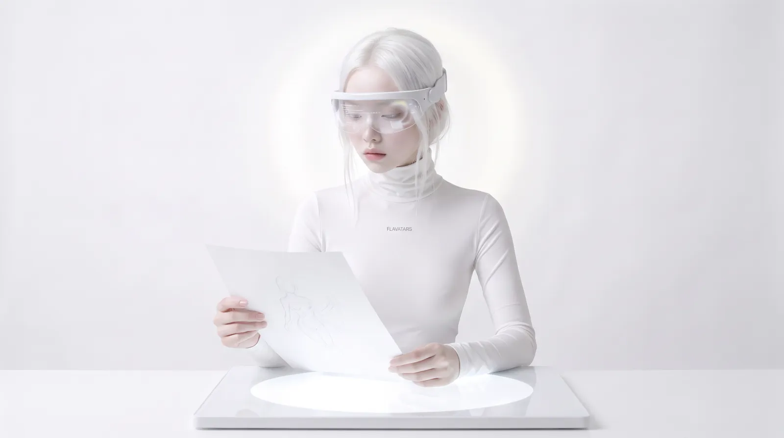 The Flavatars mascot at a white light table holding a pencil drawing of a figure, the classic tool for checking one drawing against the next