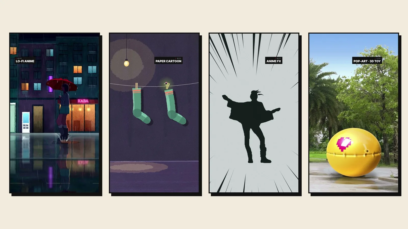 Four frames from the Motion Lab reel side by side: lo-fi anime street in the rain, paper cartoon socks on a line, anime FX silhouette and a pop-art 3D toy over live footage