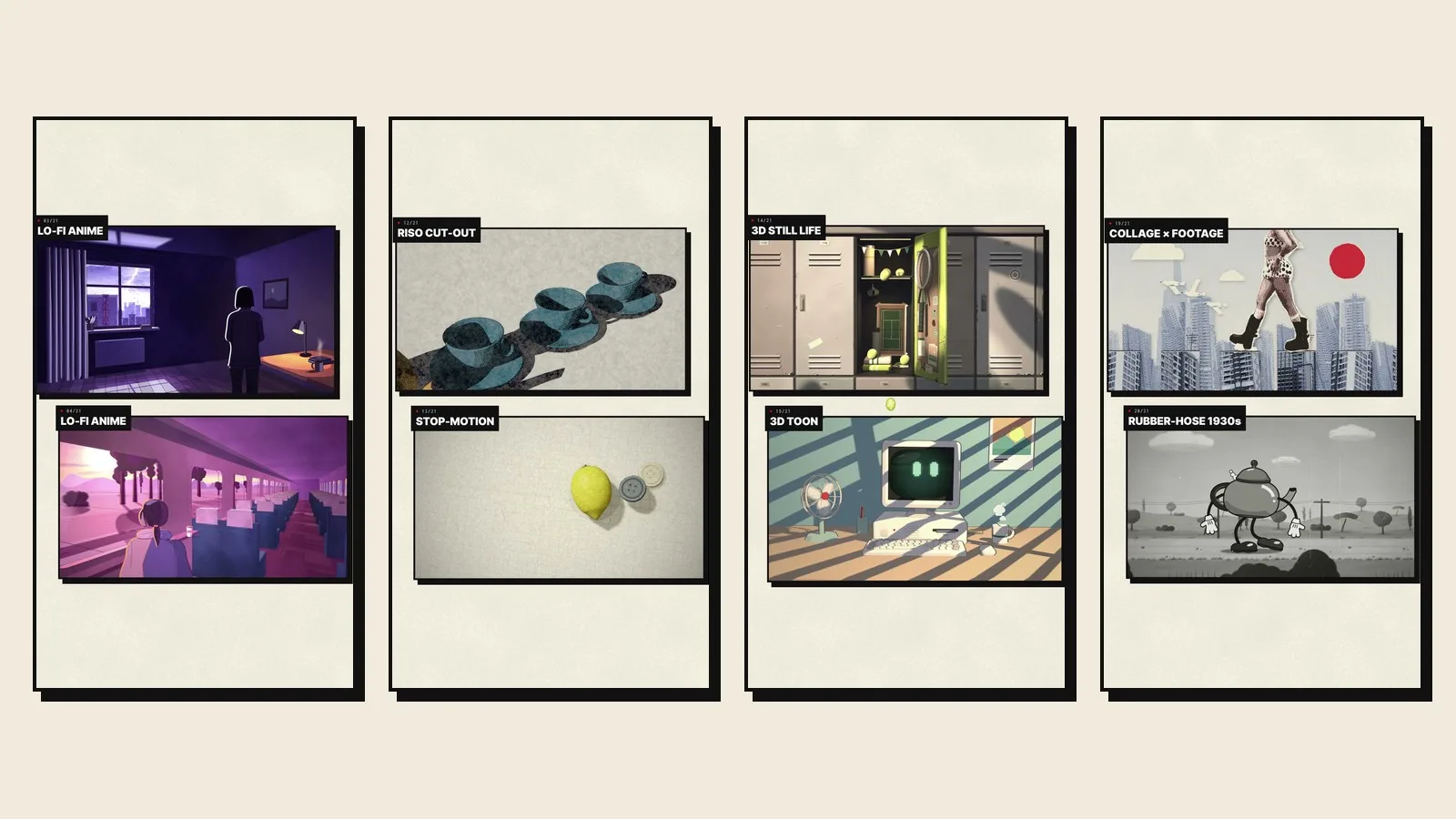 Zine pages from the Motion Lab reel with two panels each: lo-fi anime, riso cut-out and stop-motion, 3D still life and 3D toon, collage over footage and a 1930s rubber-hose kettle