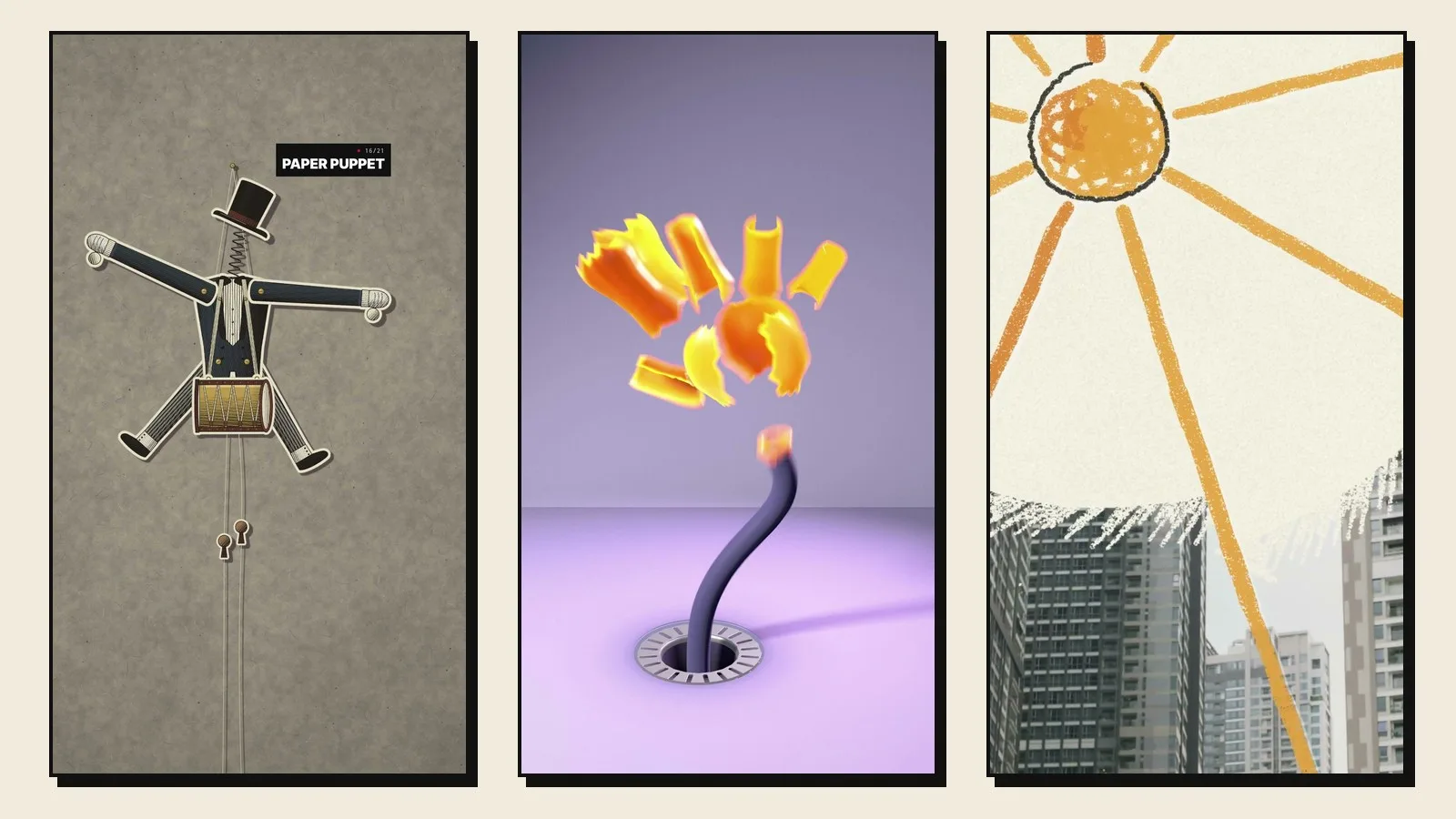 Three links of the chain of events: a paper puppet pulled by its strings, an inflatable glove bursting out of a drain and a crayon sun over real towers