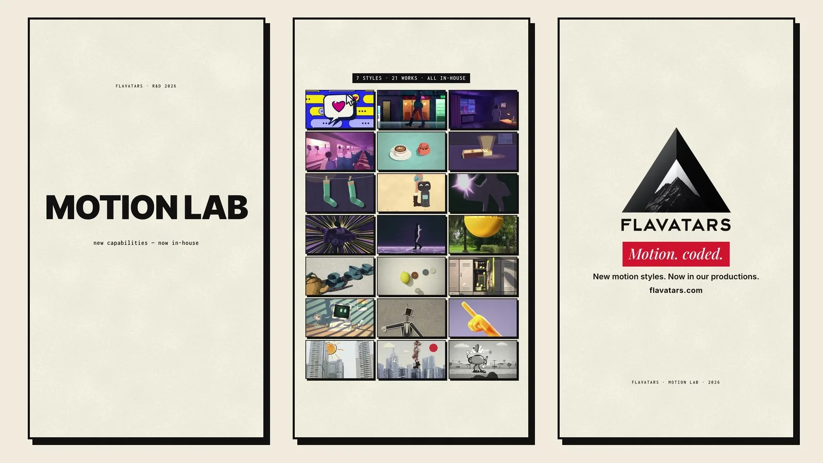 Three cards from the Motion Lab reel: the MOTION LAB title, the wall of all 21 works and the Flavatars end card with the line Motion, coded.