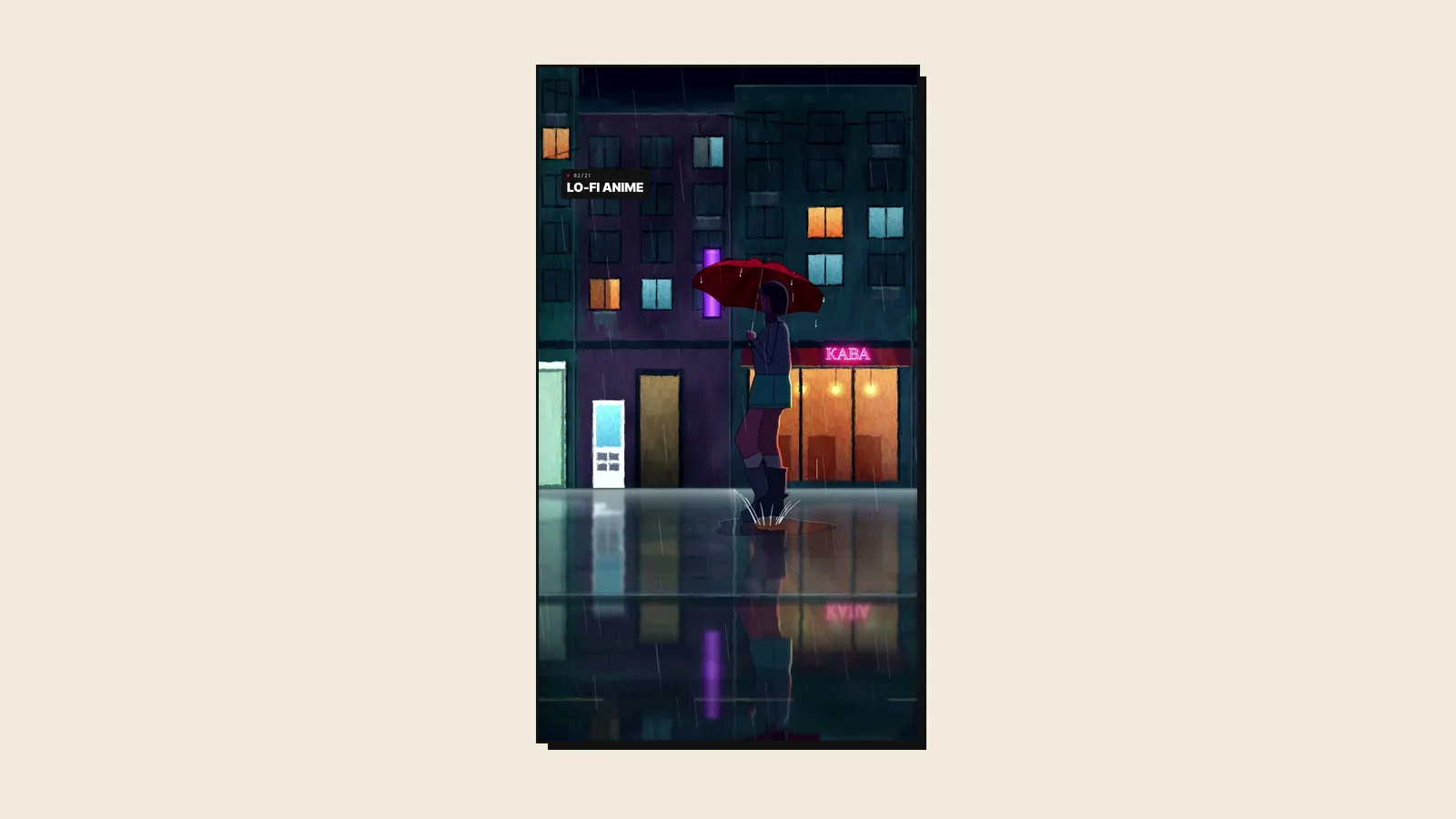 A lo-fi anime frame from the Flavatars Motion Lab reel: a figure with a red umbrella on a wet night street, neon reflected in the puddles