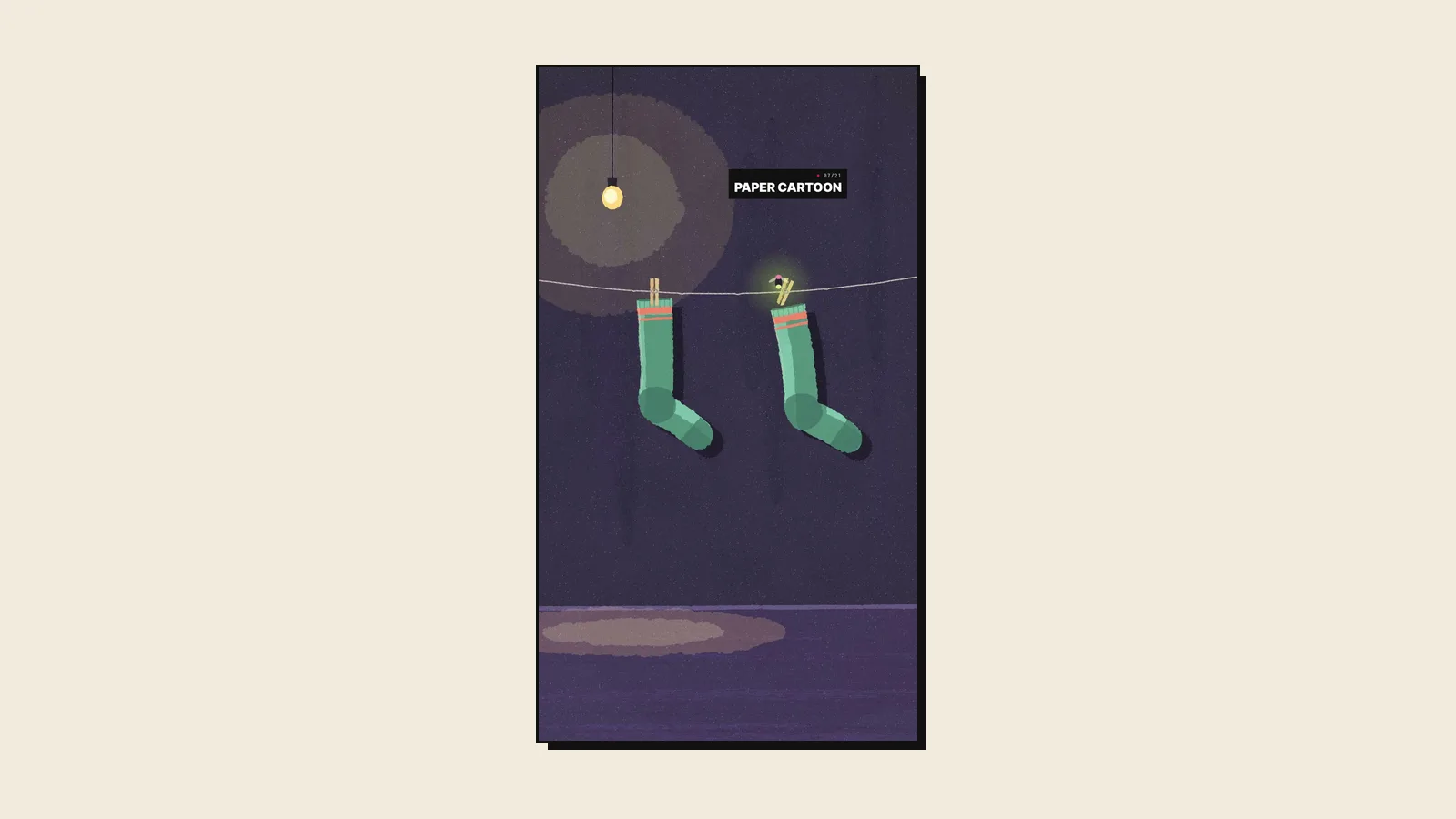 A paper cartoon frame from the Motion Lab reel: two green socks on a clothesline under a bare bulb, with a firefly glowing on a clothespin