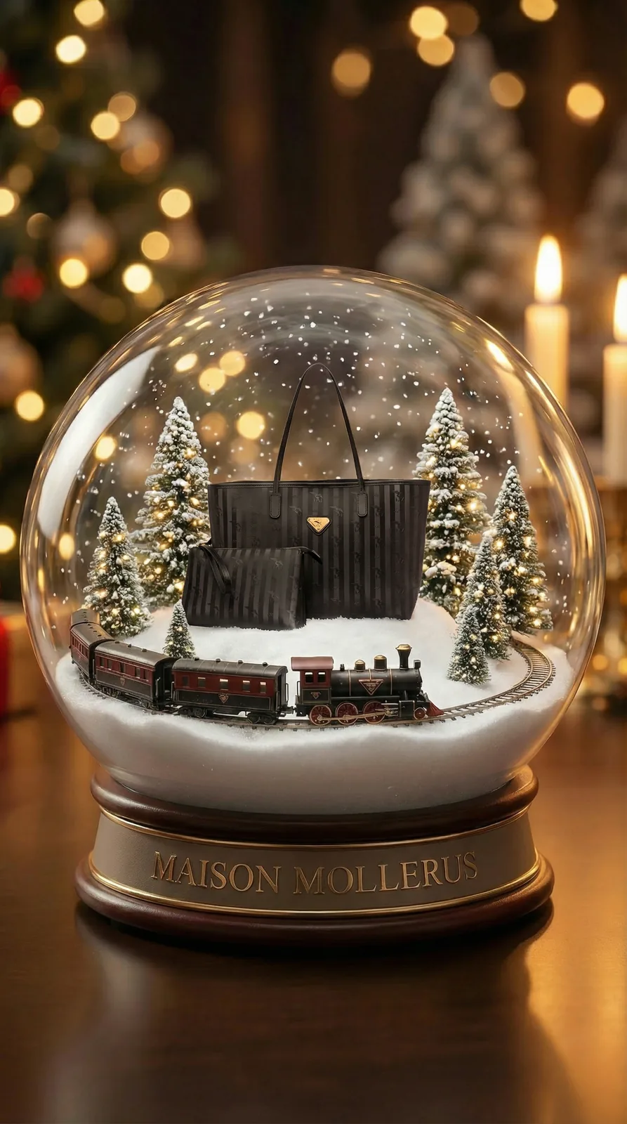 A Maison Mollerus snow globe with a monogram tote and a toy steam train inside