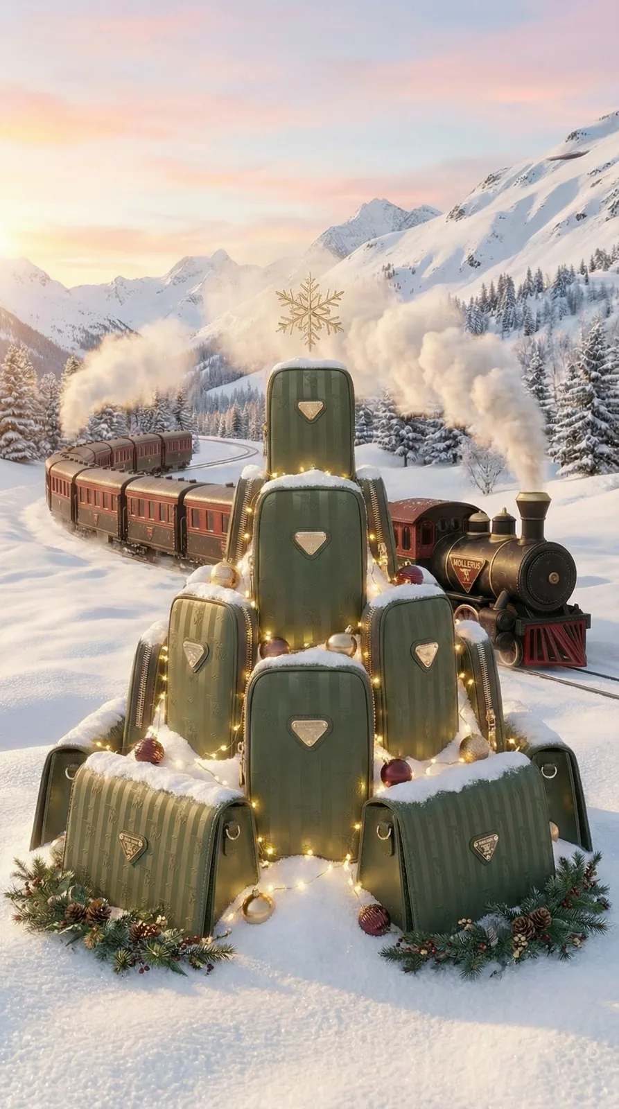 Quilted Maison Mollerus bags stacked as a Christmas tree, lit with fairy lights beside a steam train