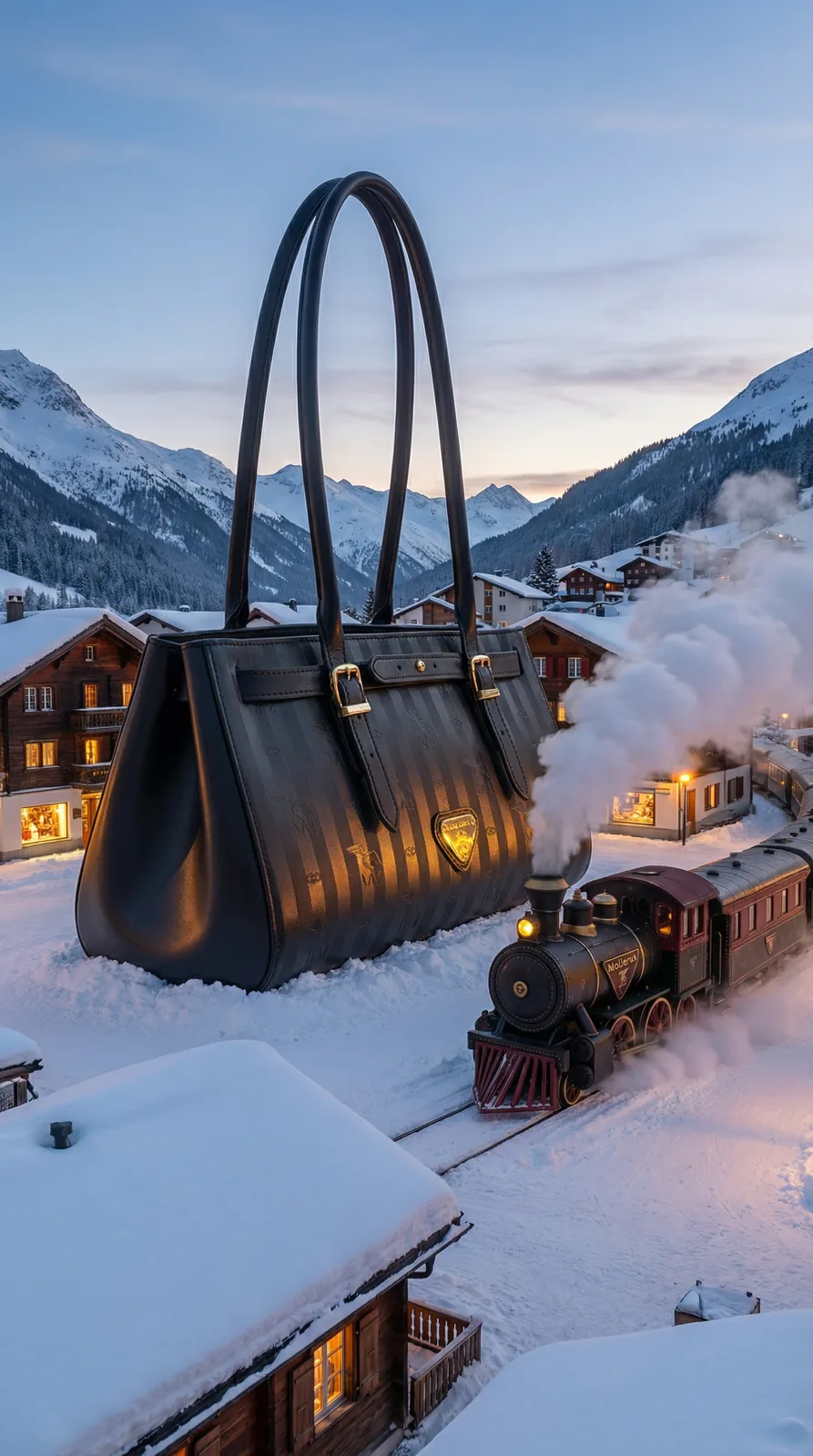 An oversized Maison Mollerus tote standing in a snowy Alpine village as a steam train passes