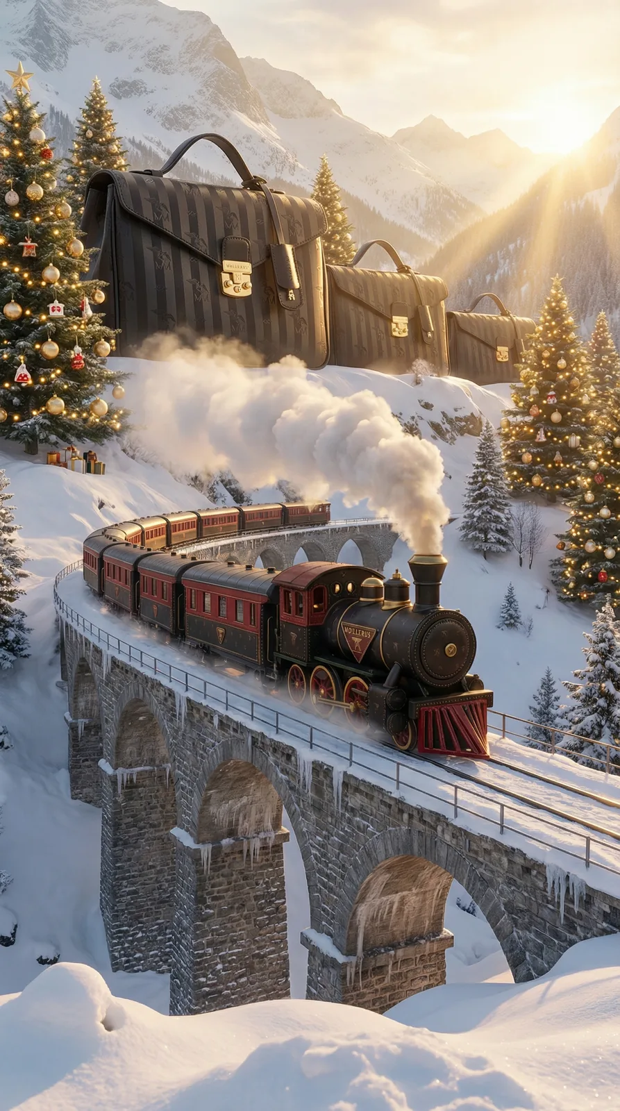 A steam train crossing a snow-covered viaduct past Christmas trees and a giant leather briefcase
