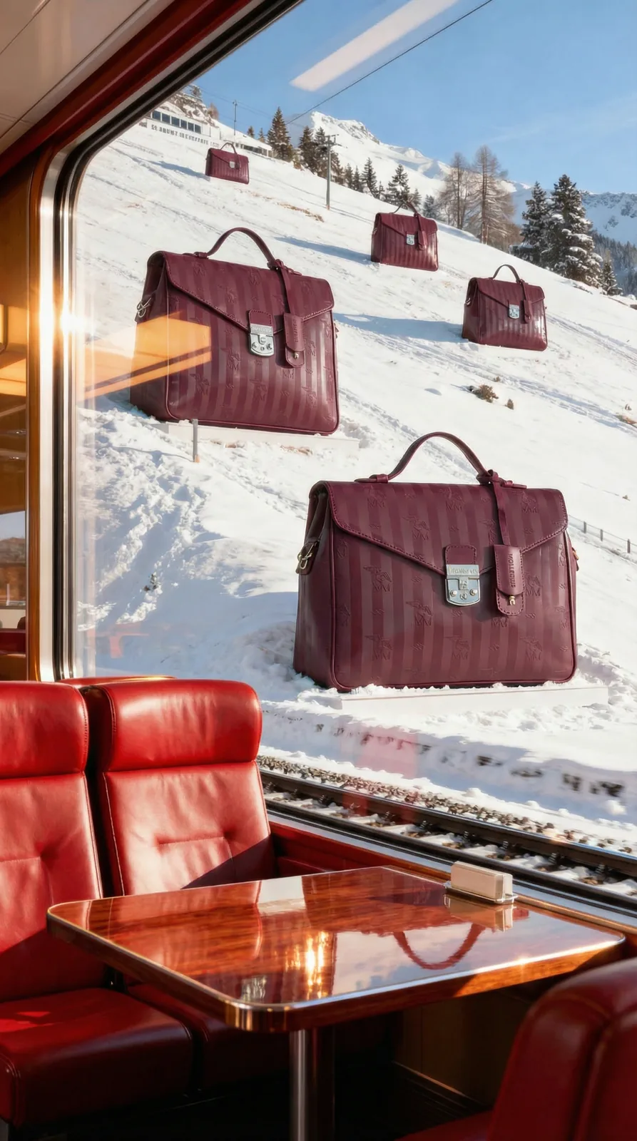 Burgundy Maison Mollerus briefcases seen through the window of a vintage train carriage