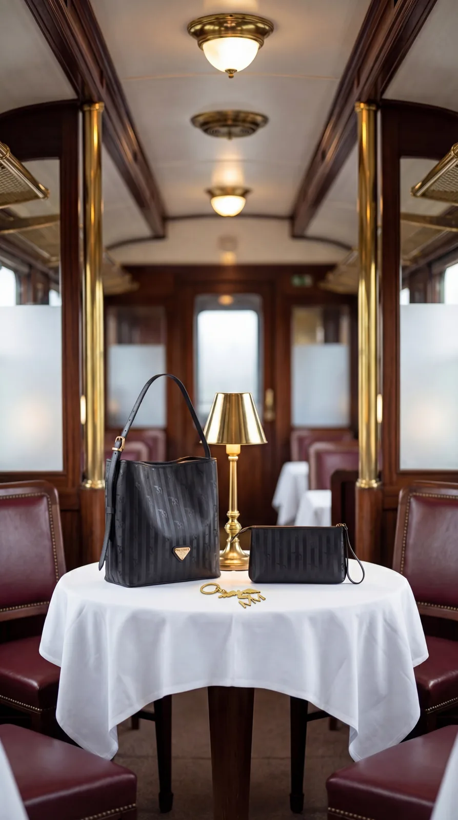 A dining-car table with a black quilted Maison Mollerus bag and a brass lamp