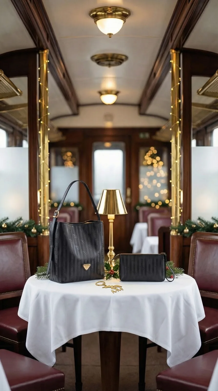 A festive dining car with garlands, a black quilted bag and a gold keyring on the table