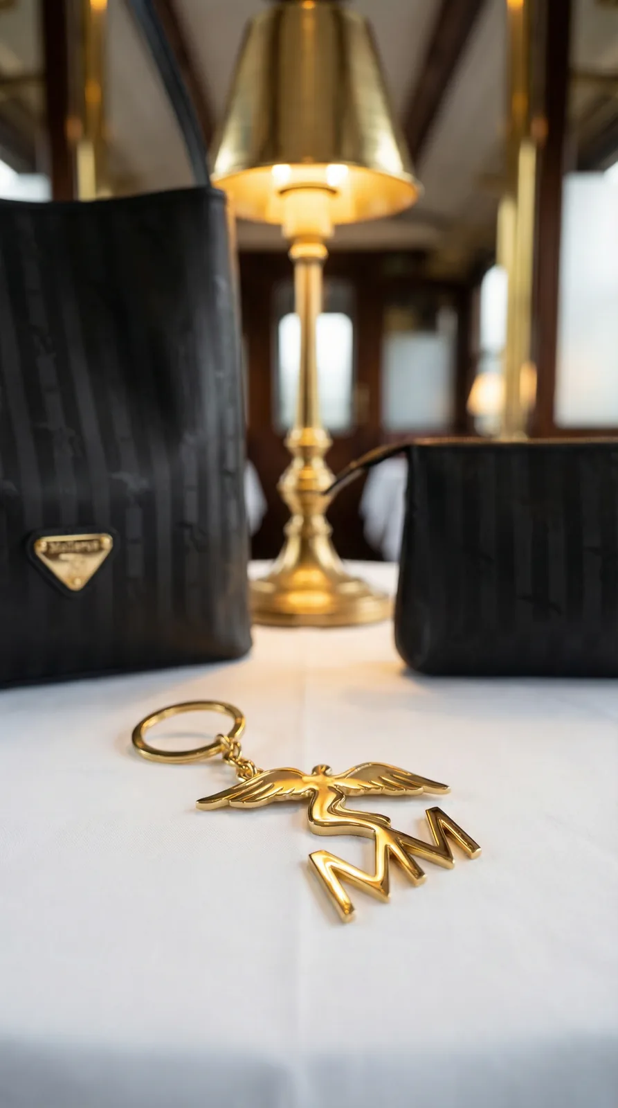 Close-up of the golden Maison Mollerus reindeer keyring on a white tablecloth