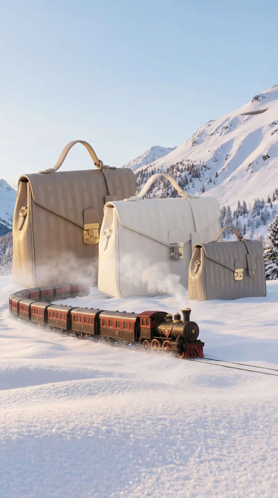 Cream leather briefcases towering over a miniature steam train in the snow