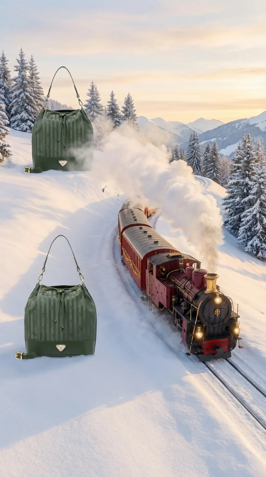 Green quilted bags beside a steam train winding through the snowy Alps