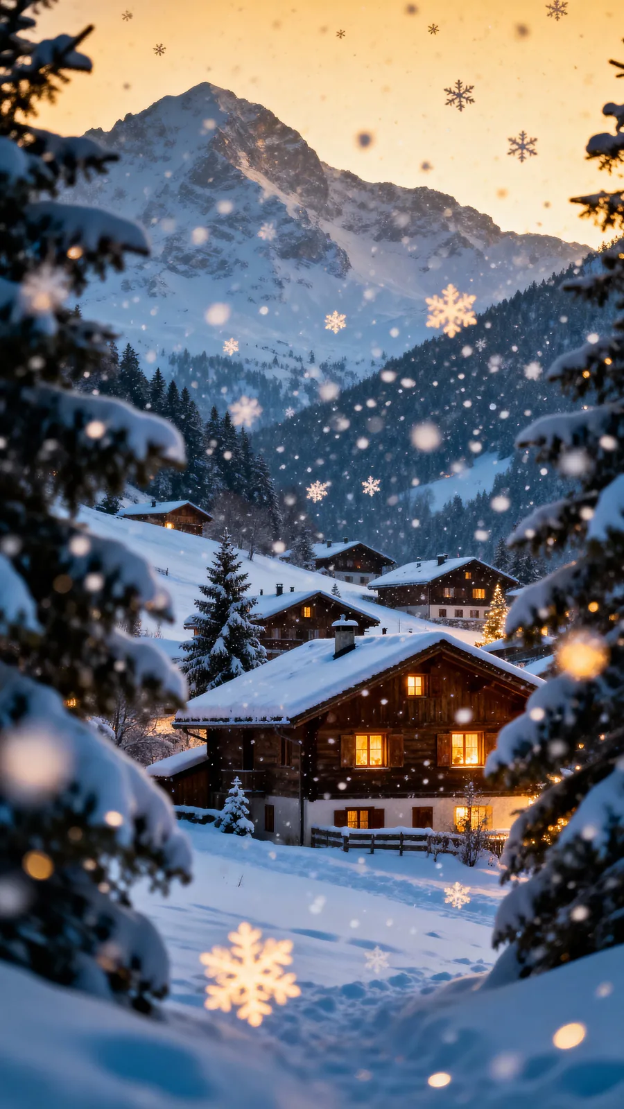 A snowy Alpine village at dusk with lit chalets and falling snowflakes — a frame from the Maison Mollerus Christmas Express