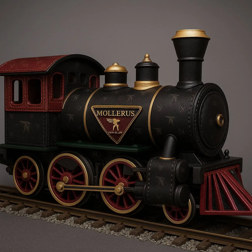 The campaign's hero prop — a toy locomotive clad in Maison Mollerus monogram leather with a gold-framed crest