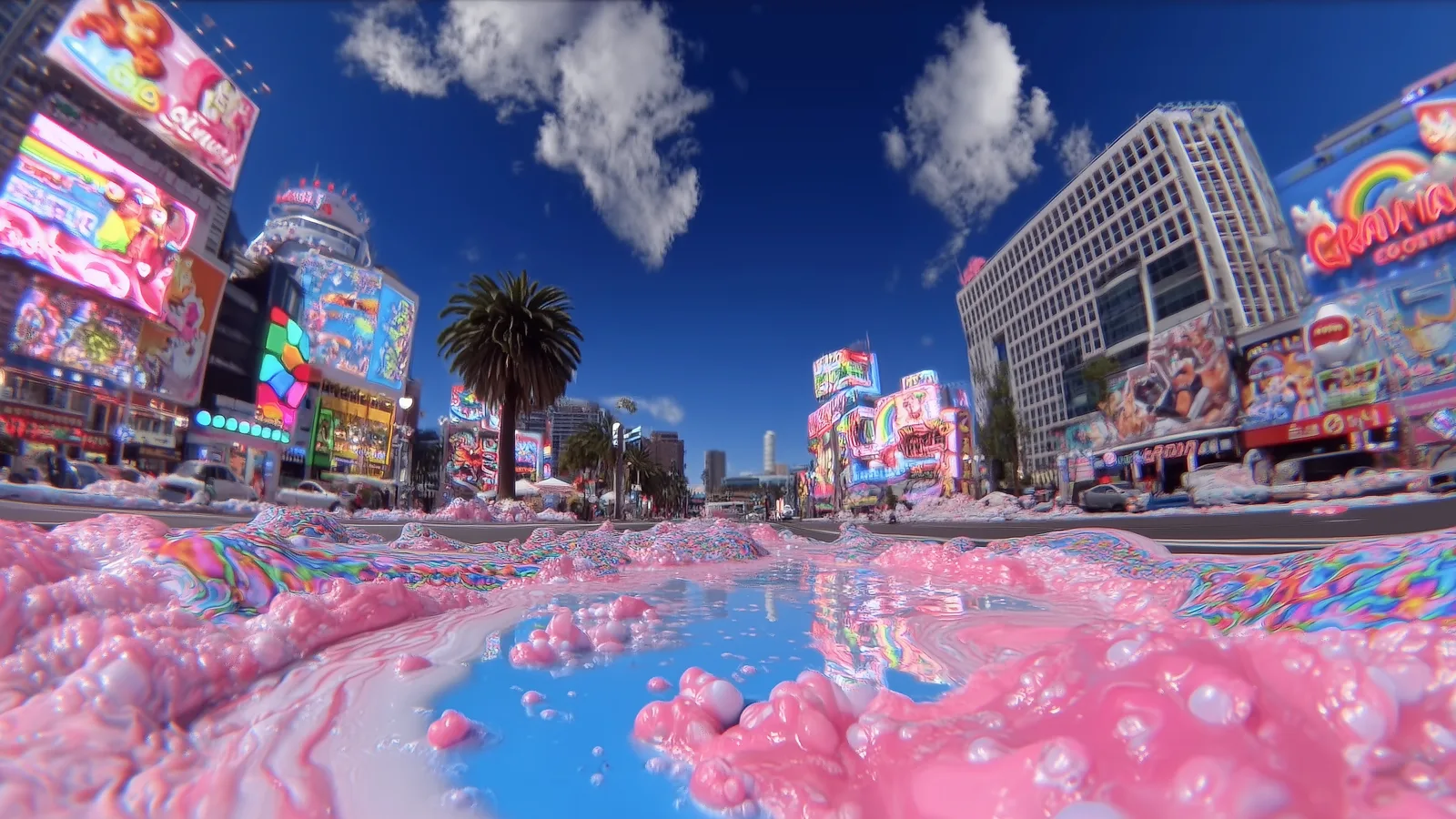 Barcelona redrawn as a pink-lit dream — a frame from the «Purtata» music video