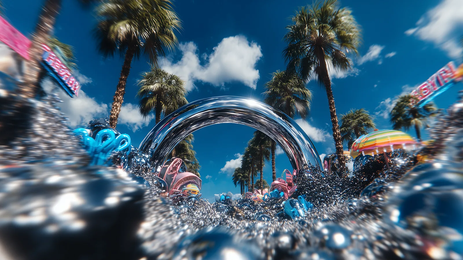 A surreal festival stage rising out of the water — a frame from the «Purtata» music video