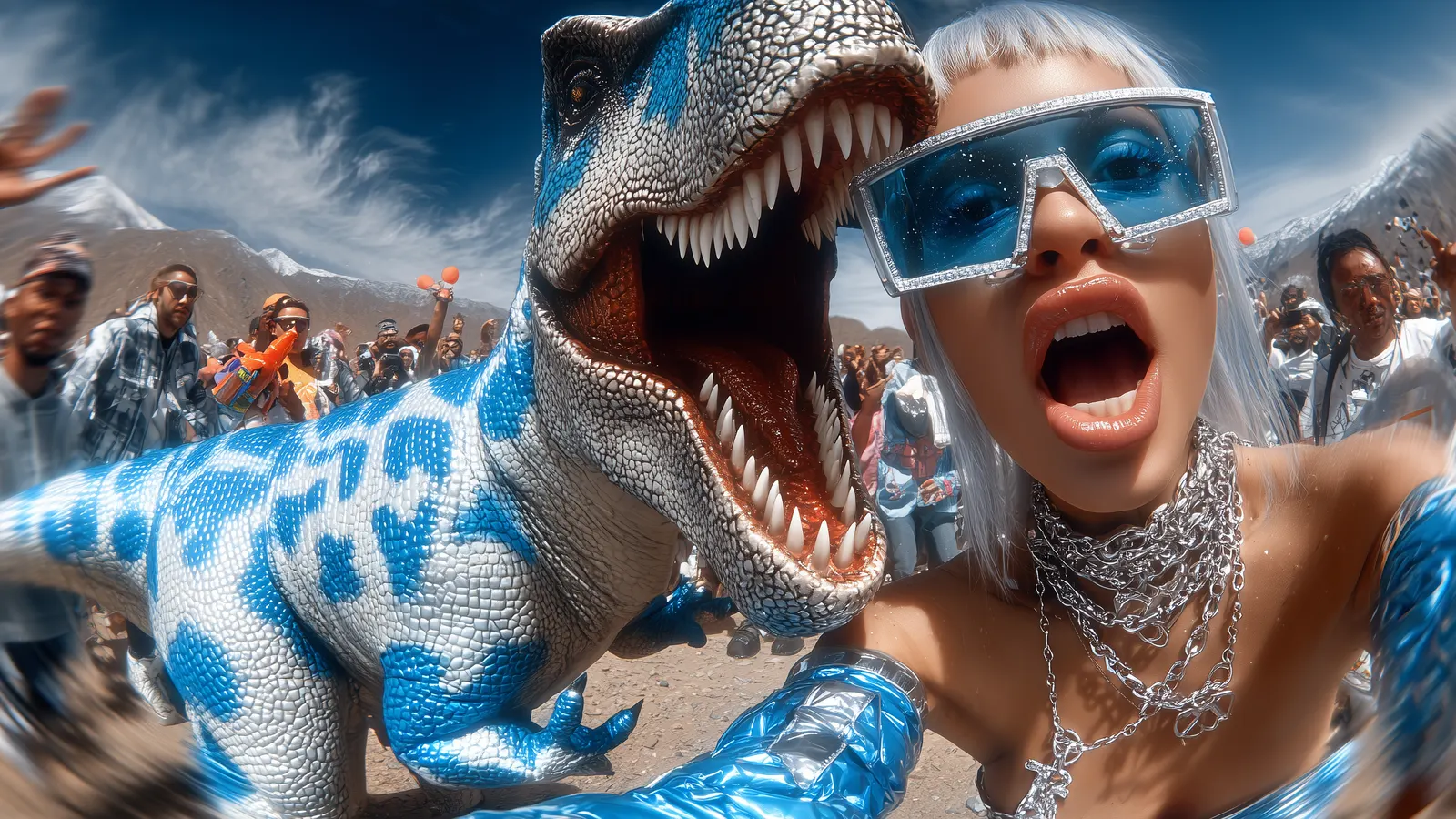 A mirror-ball dinosaur towering over the crowd — a frame from the «Purtata» music video
