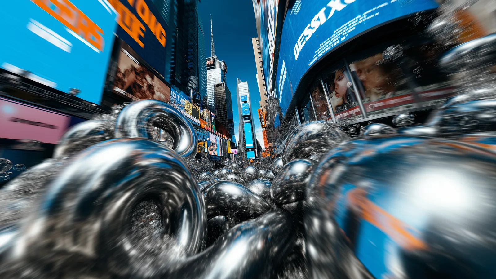 An abstract chrome transition through the city — a frame from the «Purtata» music video