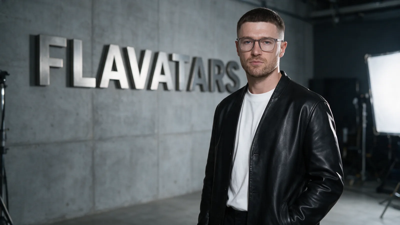 Oleg Pylypenko in the Flavatars studio, concrete wall with metal FLAVATARS lettering behind him