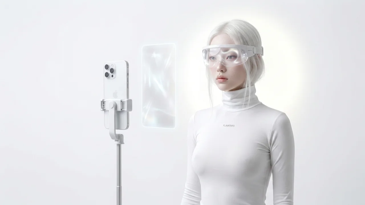 The Flavatars mascot with a phone on a tripod and a floating video frame — an AI UGC filming setup