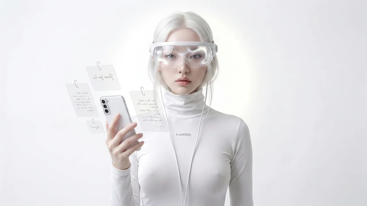 The Flavatars mascot with a phone and floating note cards — writing UGC ad scripts and hooks