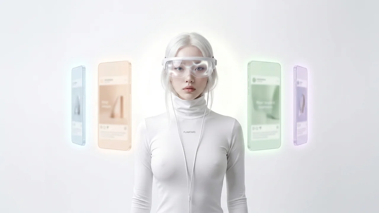 The Flavatars mascot surrounded by floating phone screens — testing UGC ad variants