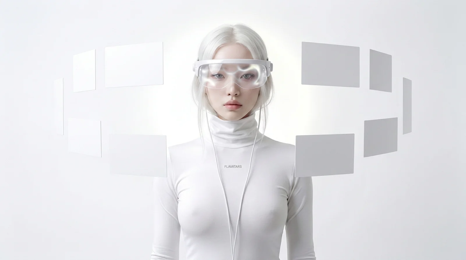 The Flavatars mascot with white cards arranged around her — the umbrella of services an AI creative studio produces