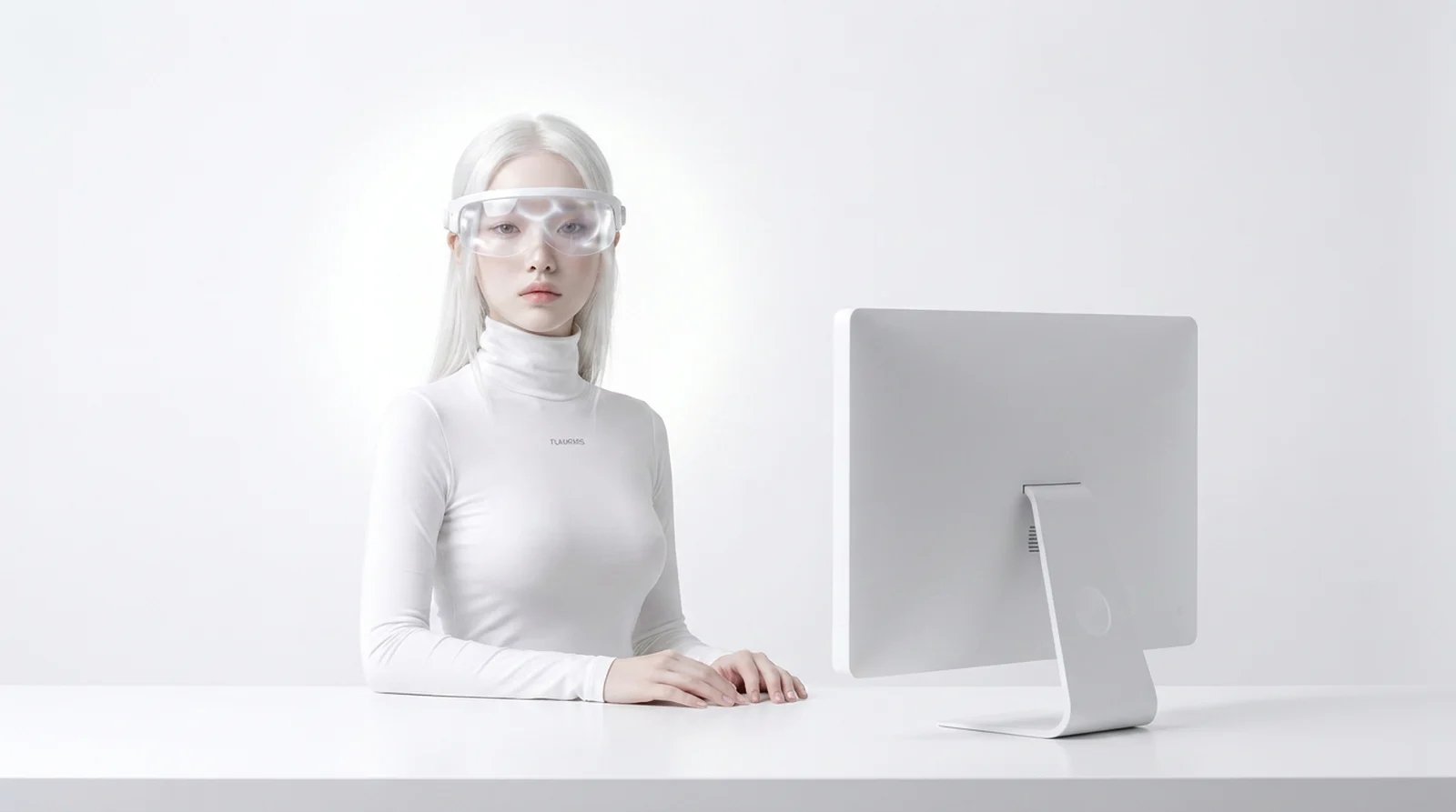 The Flavatars mascot at a white desk with a monitor — the director-led pipeline of an AI creative studio