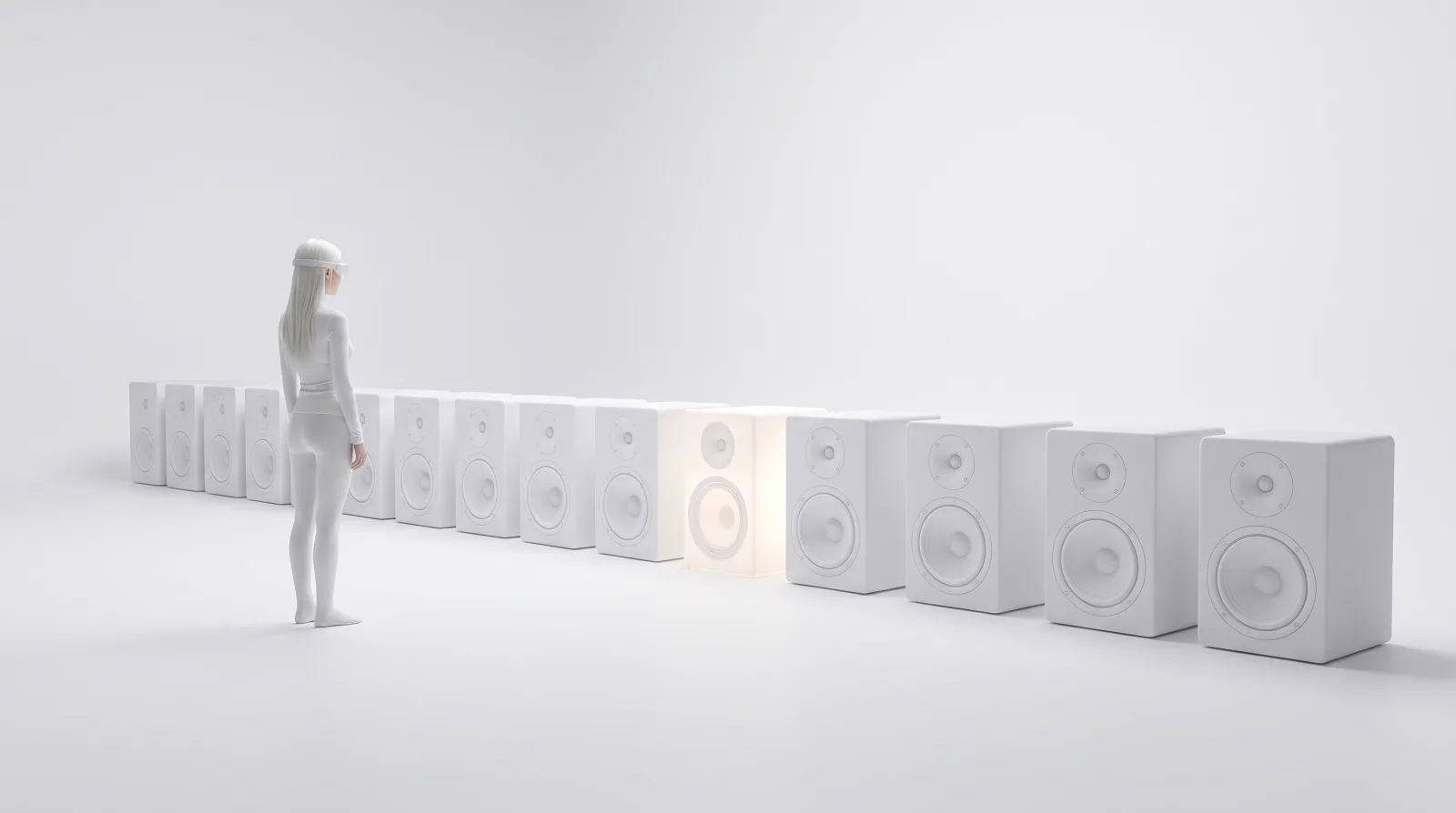 The Flavatars mascot facing a row of thirteen identical white speaker cabinets, one of them lit
