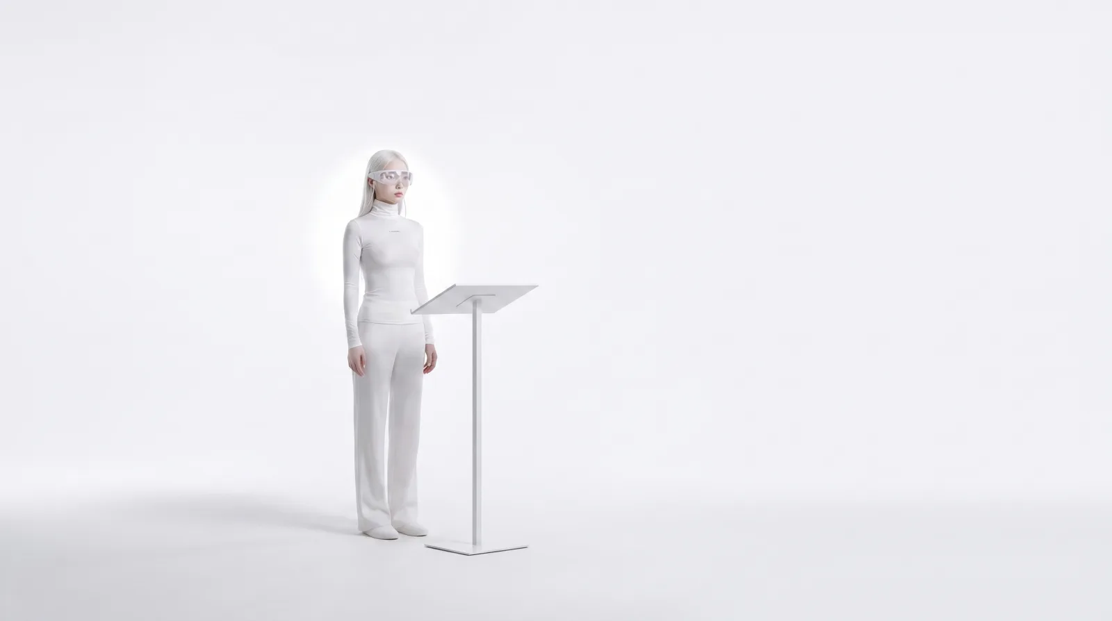 The Flavatars mascot standing still on an empty white stage beside an unattended lectern, waiting