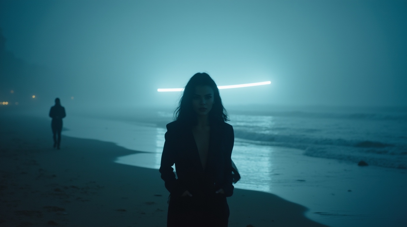 Alexandra Oz. in «Echoes» — a distant silhouette on a foggy night beach, lighthouses blinking through the dark.