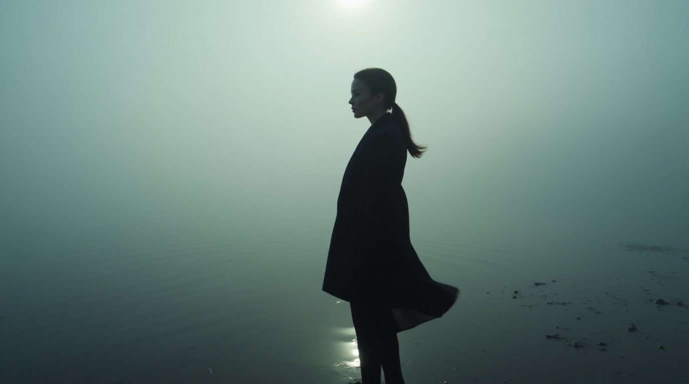 A distant silhouette on the foggy shore in «Echoes», almost dissolved into the night air.