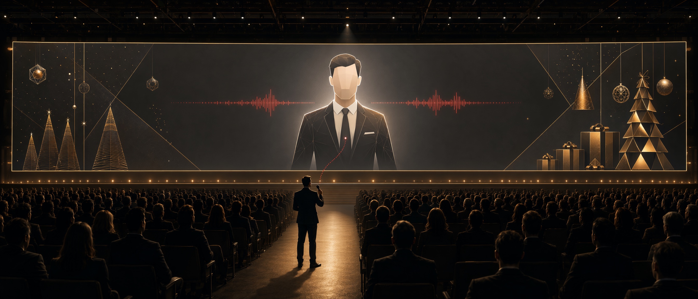 The hall at Kursaal Arena — the 25-metre screen, the avatar, and one microphone