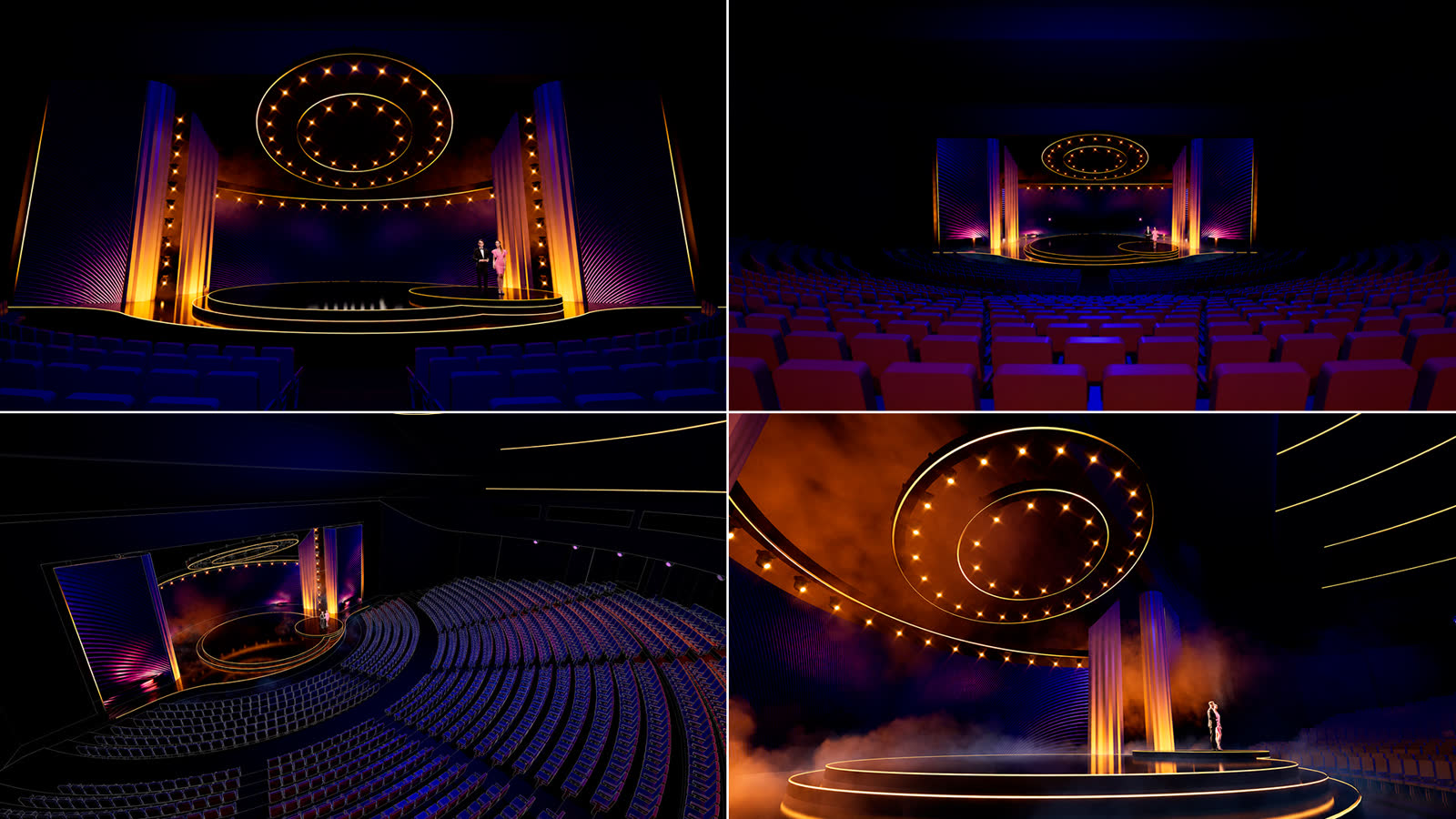 Stage previsualisation of the hall — the round stage, the ring truss and the wide screen.